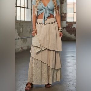 NWT Promesa Boho Festival Cotton Gauze Crochet Lace Layered Maxi Skirt